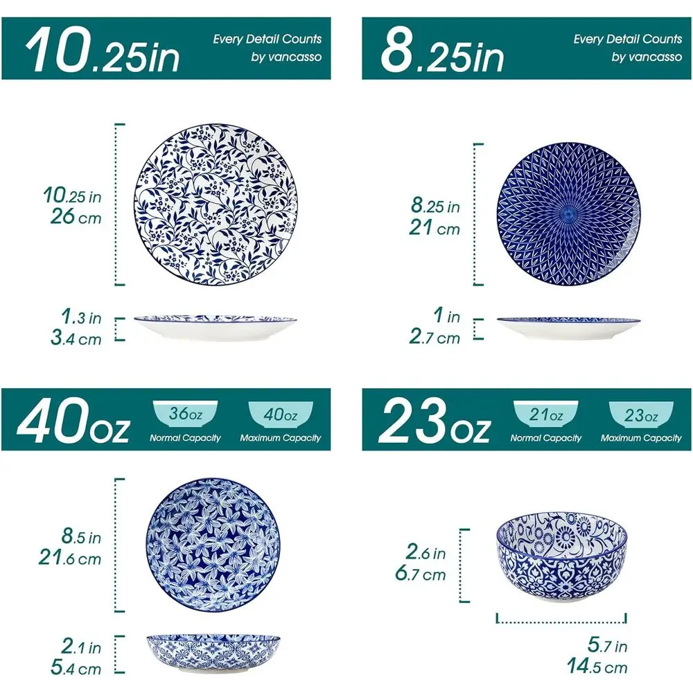 Juego de vajilla de porcelana azul de 6 piezas, apto para microondas y lavavajillas, servicio para 6