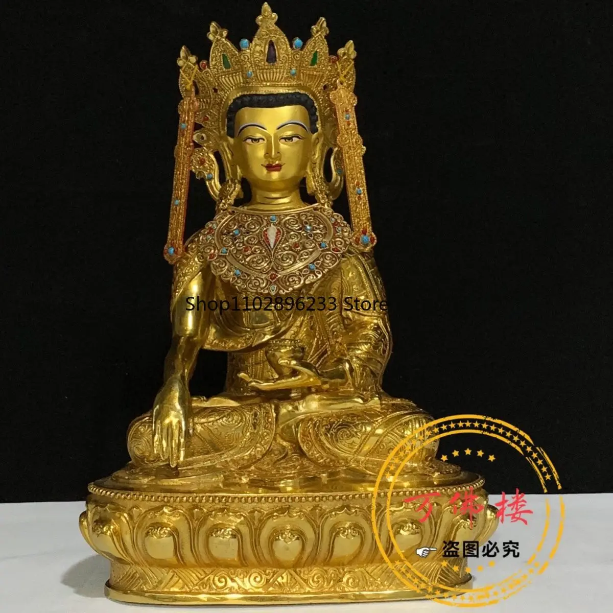 35Cm Awakening Buddha pure copper gilt inlaid with gemstones Tibetan Tantra Buddha statues for home worship, direct sales wholes