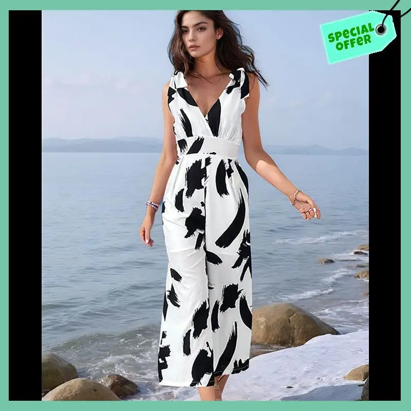

Sturdy Women's All Over Print Tie Shoulder Sleeveless High Waist Casual Wide Leg Jumpsuits