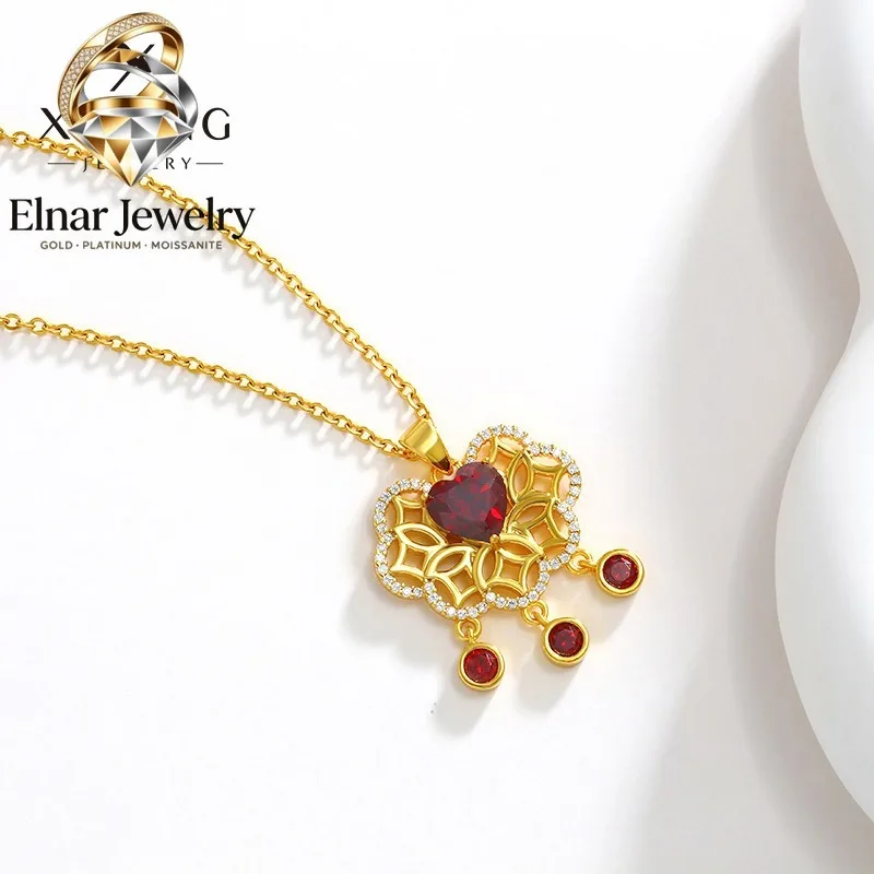 

Elnar Jewelry Luxury 24K 9999 Pure Gold real gold Women's Hollow Ruyi Ping An Lock Love Moissanite Pendant Necklace