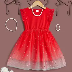 Girls Christmas New Year Red Dress Pearl necklace Accessories Children's Fashion Princess Dress Summer Sleeveless Gauze Dress