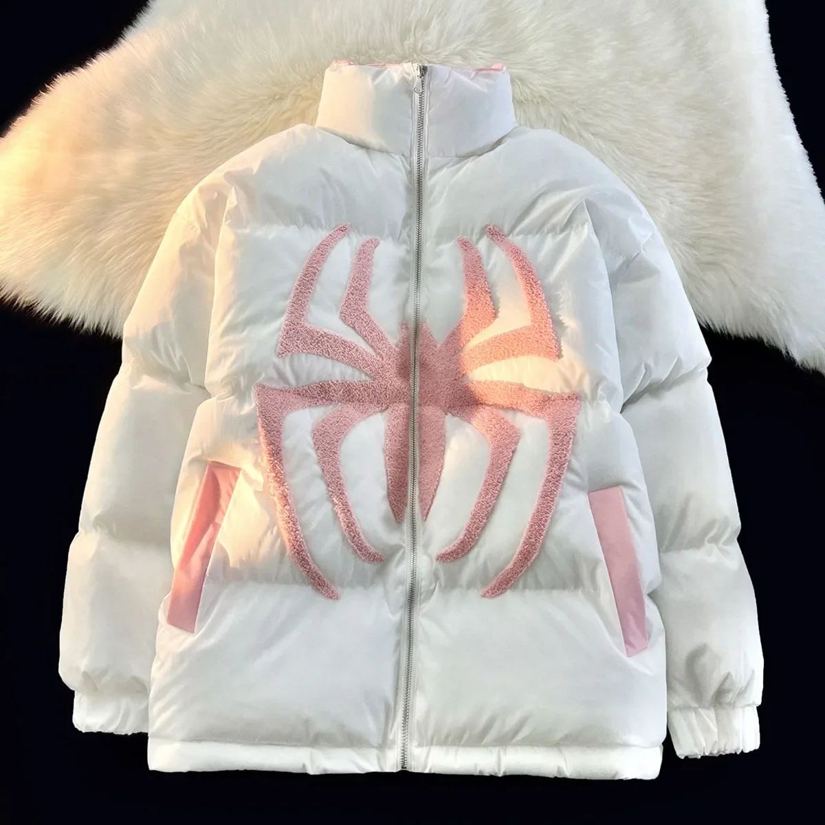 

American spider towel embroidery coat women winter jackets thick loose fitting couples stand up collar bread jacket clothes