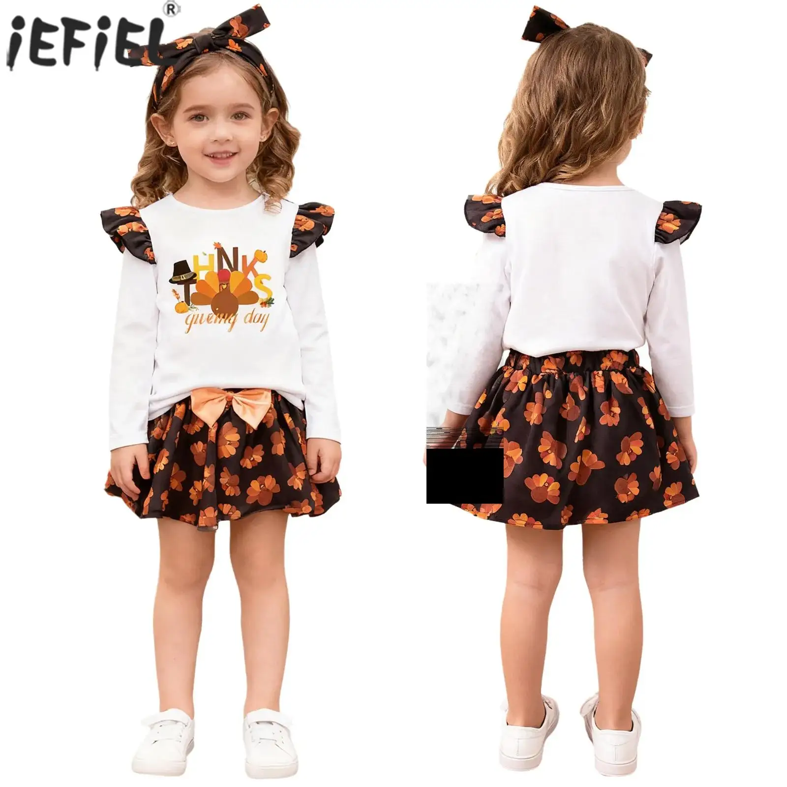 ملابس عيد الشكر للفتيات الصغيرات بأكمام طويلة مطبوعة بحروف مع تنورة توتو وعصابة رأس للأطفال الصغار ملابس حفلات أعياد الميلاد الأولى #1