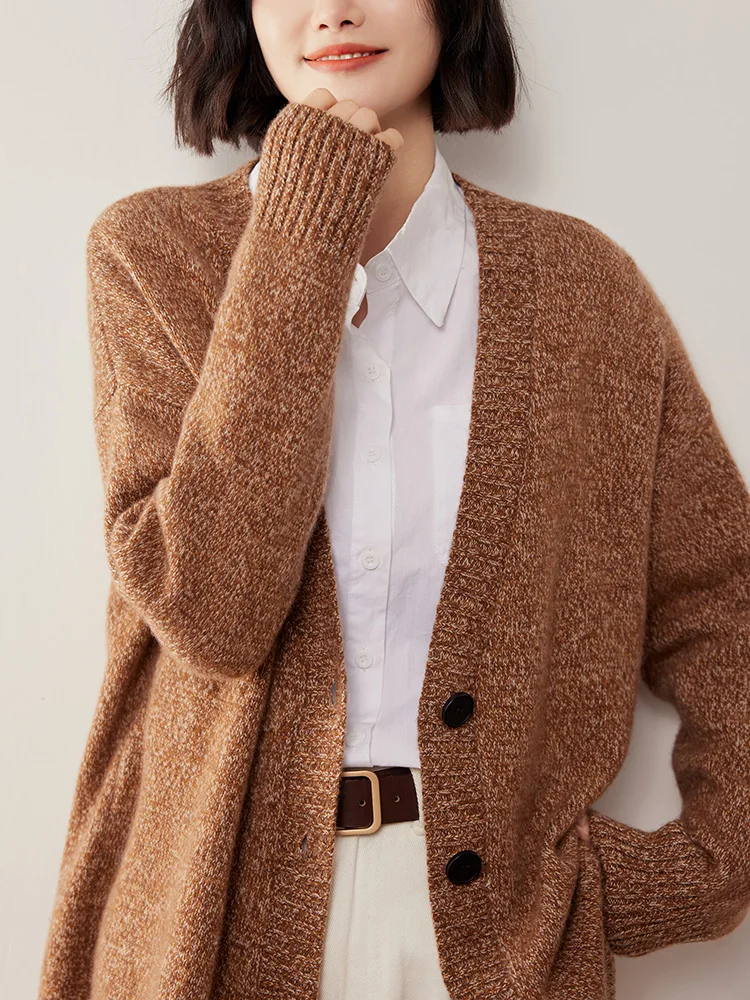 

V-Neck Sweater Women's Mid-Length Cardigan Casual Loose Soft Button 100% Cashmere Knitted Preppy Style Basic Thick Warm Tops