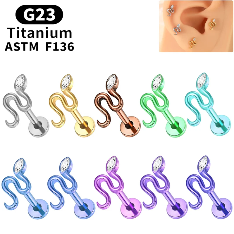 1PC G23 Titanium Internally Thread Snake Zircon Ear Tragus Earrings Cartilage Tragus Helix Labret Piercing Body Jewelry