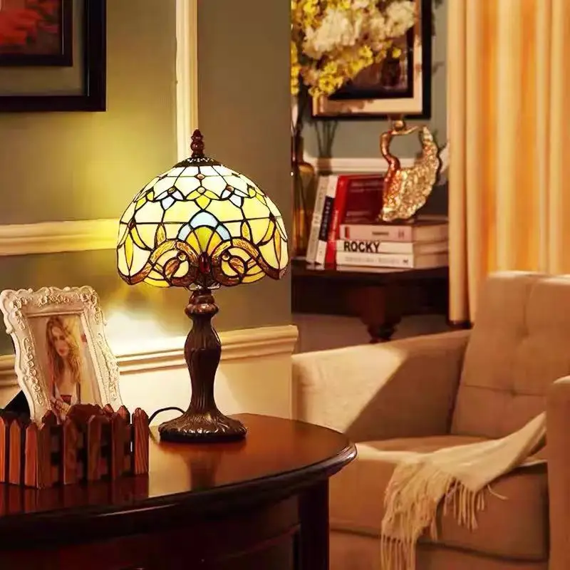 LED Tiffany Style Table Lamp  Retro Mediterranean Decorative Lights  E27 Color Glass LampshadeFor Nightstand Light Bedroom Cafe