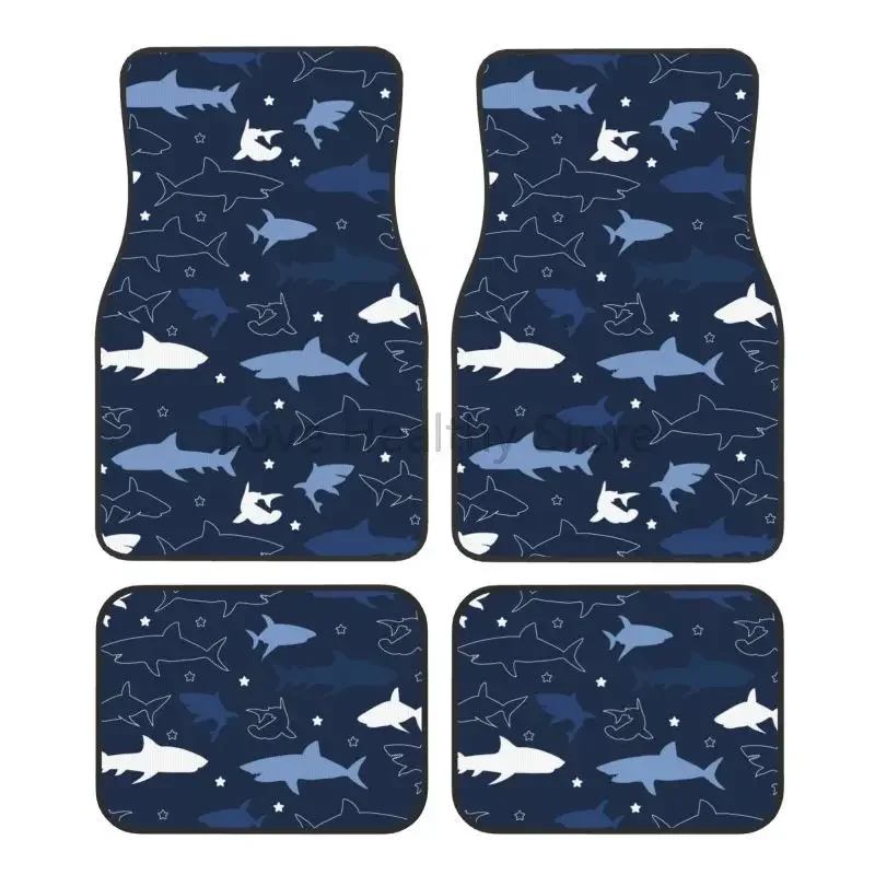 

Автомобильные коврики с мультяшным принтом акулы, набор из 4-х автомобильных передних и задних ковров, нескользящие коврики для ног, универсальные автомобильные аксессуары, декор