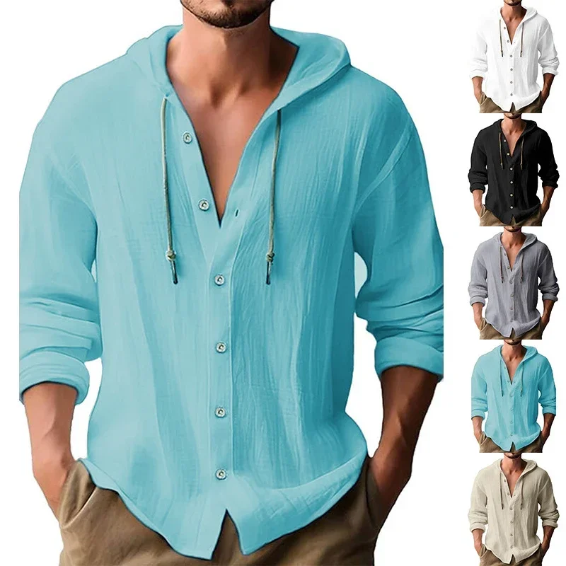 Chemise d'été en lin pour hommes, Streetwear solide, sweat à capuche à manches longues, Cardigan, vêtements pour hommes, hauts à boutons, chemise ample décontractée à capuche