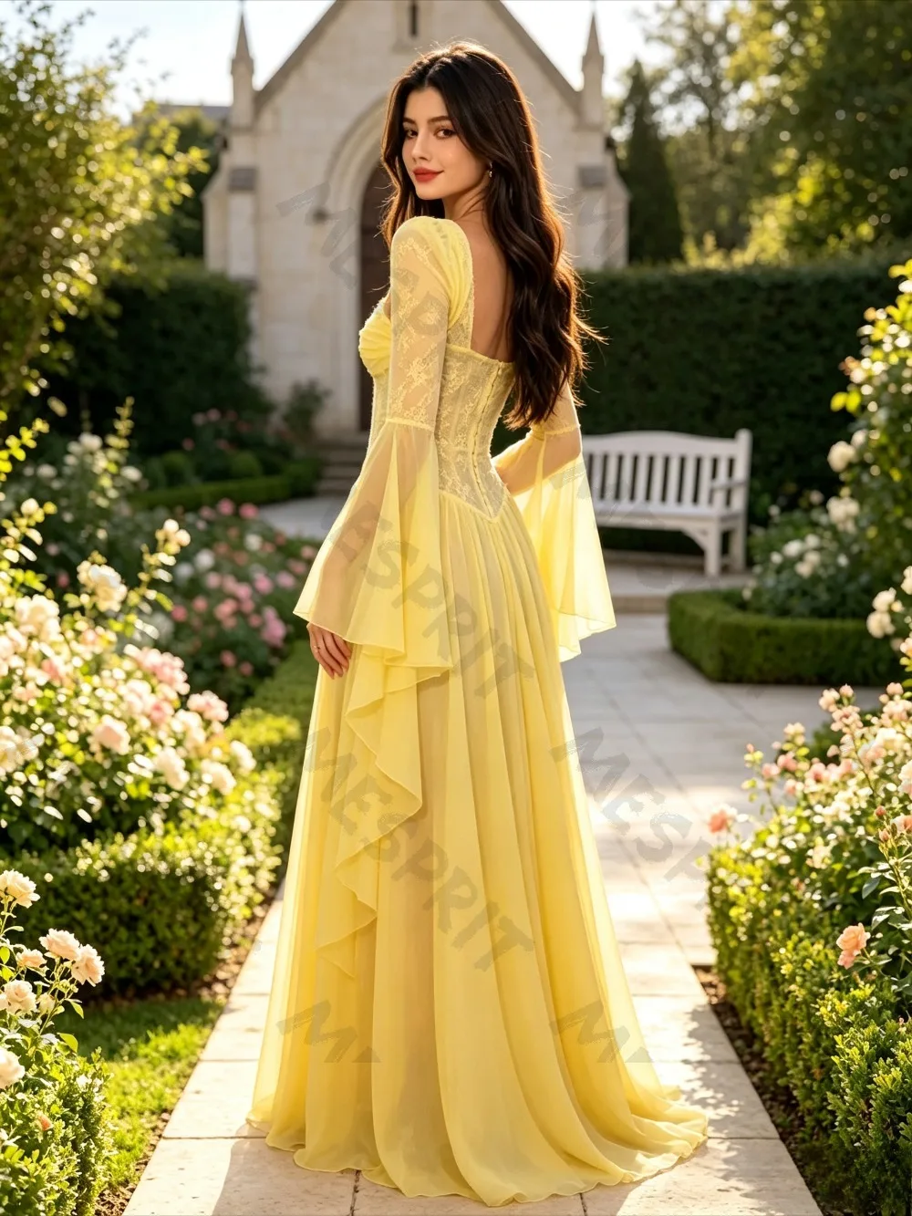 Customized Sweetheart Collar A-line Evening Gowns with Horn Long Sleeves Lace Splicing Multi Layer Chiffon Back To School Gowns