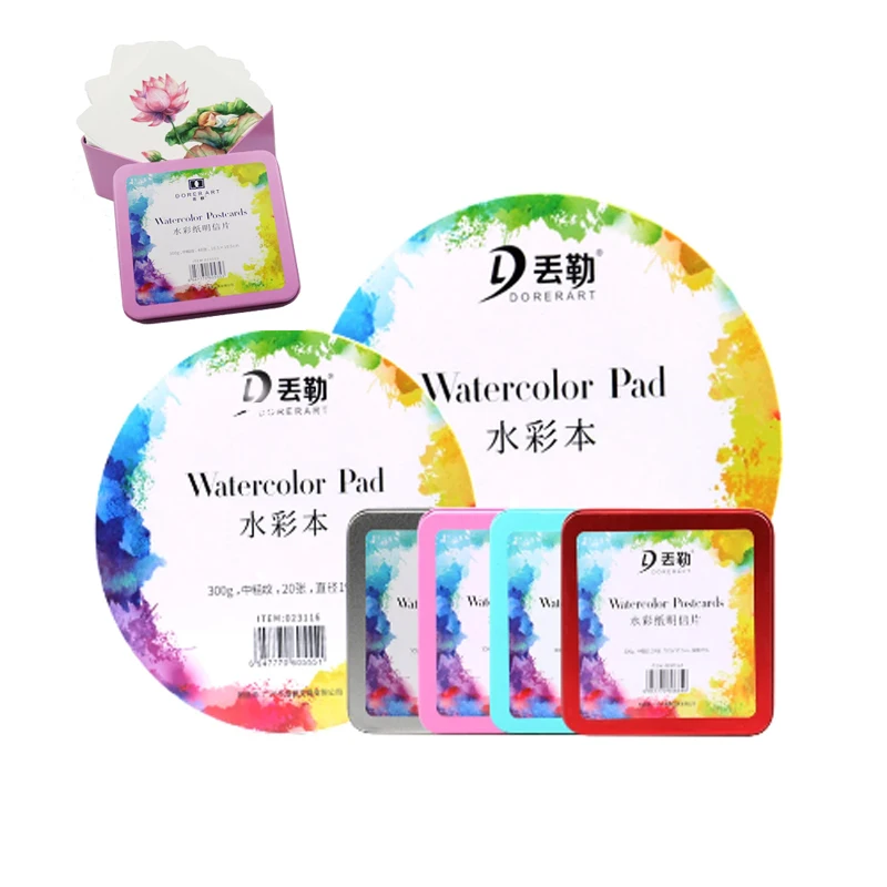 DORER Watercolor Paper Round Postcards  Portable Trave Rectangle Tin Box 24pcs 300g Cold Press Cotton Pulp Paper Acid-Free Books