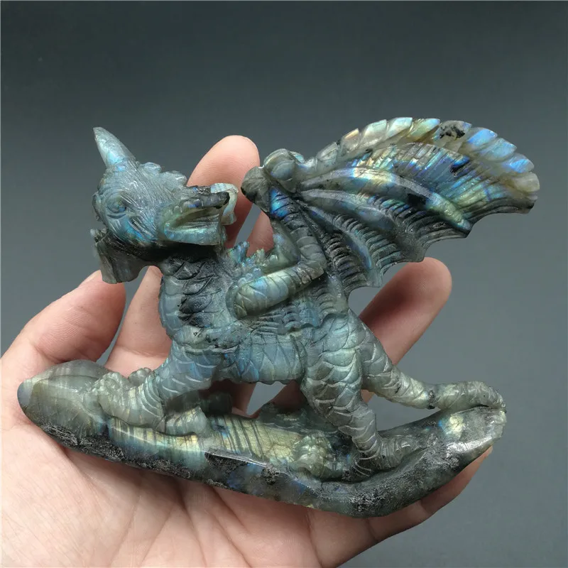 Natural Labradorite Dinosaur Stone Carving Figurine Healing Crystal Statue Home Decoration Gemstone Craft Gift Room Ornament