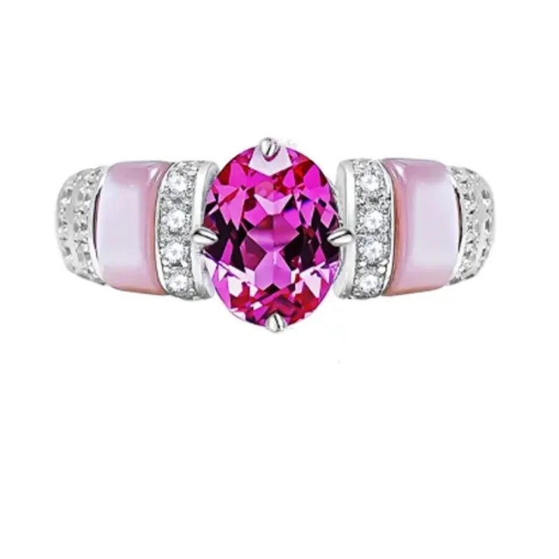 Anillo de turmalina Rosa plateado 925 con incrustaciones de polvo de diamante de alto carbono, diseño versátil para personas pequeñas, lujo ligero