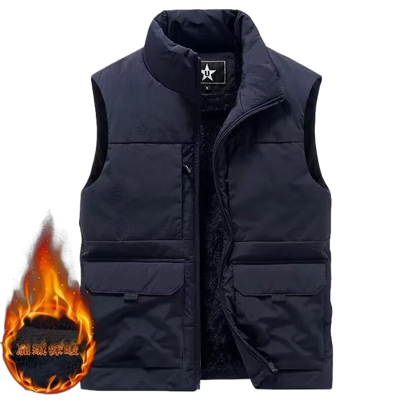 Winter Men's Cargo Hunting Vests Thick Fleece Warm Sleeveless Jacket Solid Outdoor Tactical Vests Male Fishing Work Waistcoat