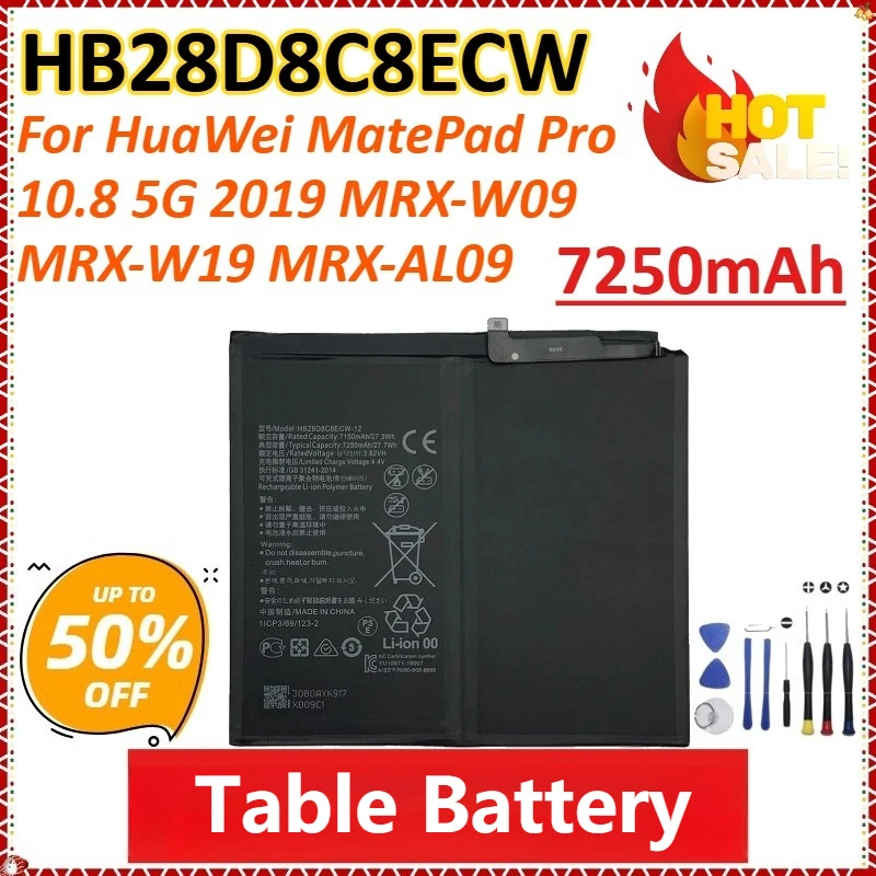

New HB28D8C8ECW 7250mAh for HuaWei MatePad Pro 10.8 5G 2019 MRX-W09 MRX-W19 MRX-AL09 MRX-AL19 High-Capacity Laptop Battery+tools