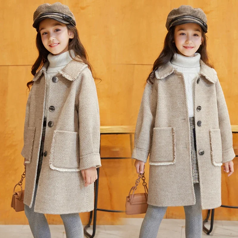 Spring Autum Jacket Long Girls 3 To 14 Years Kids Clothes Korean Thicken Woolen Coat Whole Outerwear Child Fashion Overcoat 2024