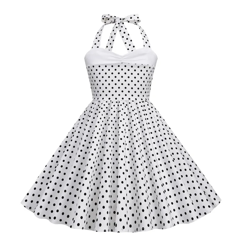 Girls Party Dresses Children Elegance Polka Dots Sleeveless Lace-Up Evening Gown Kids Comfortable Soft Halter Neck Vintage Skirt