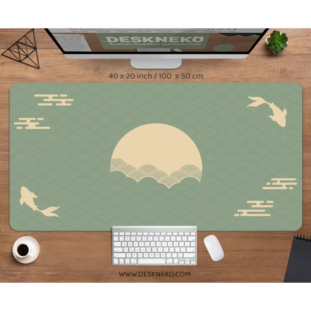 Japanese Desk Mat, Sage green Mousepad aesthetic, Clouds Koi fish sun art Japan, Matcha waves Large Gaming Deskmat