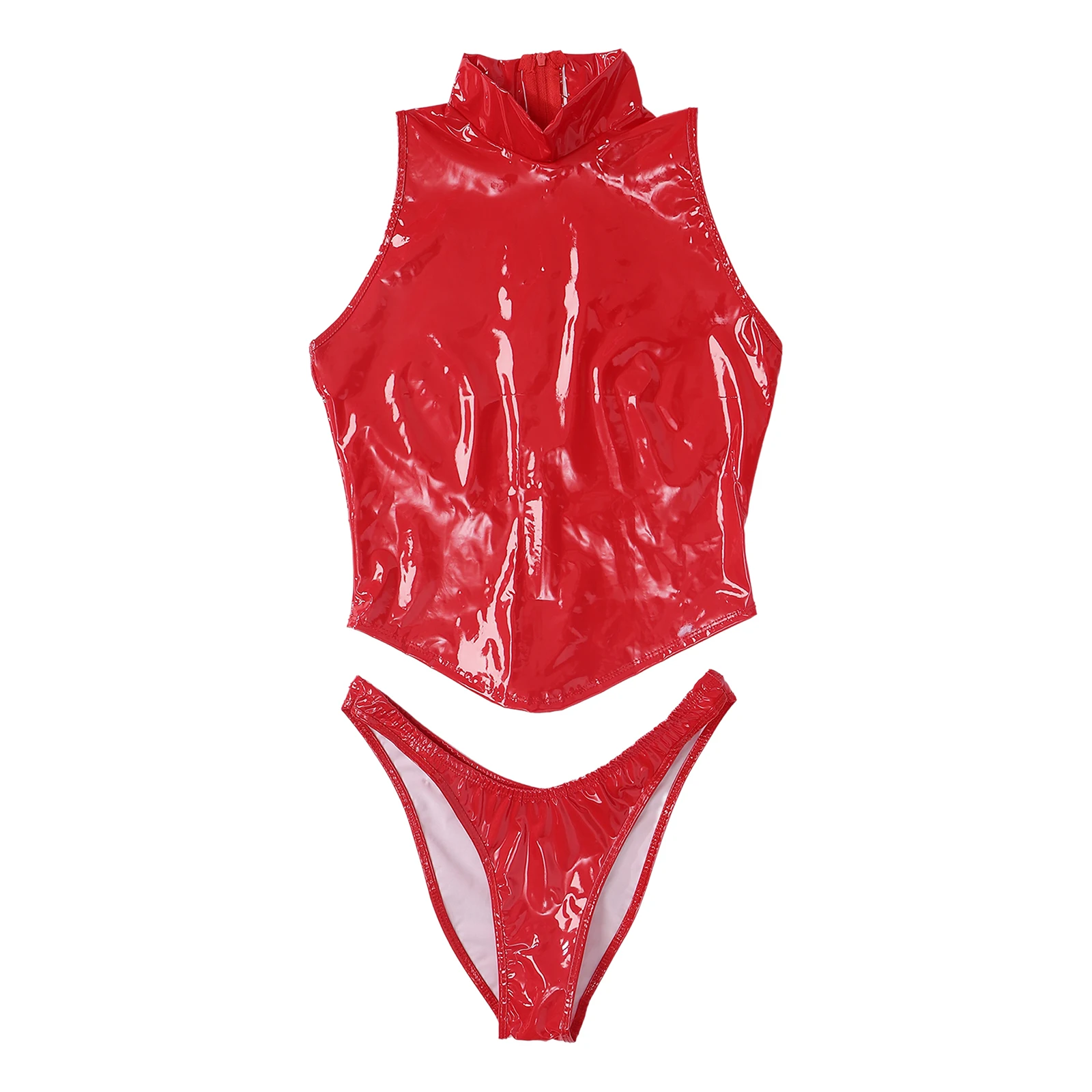 Womens Wet Look PU Leather Nightwear Sets Mock Neck Sleeveless Crop Top and High Waist Briefs for Rave Music Festival Club Night