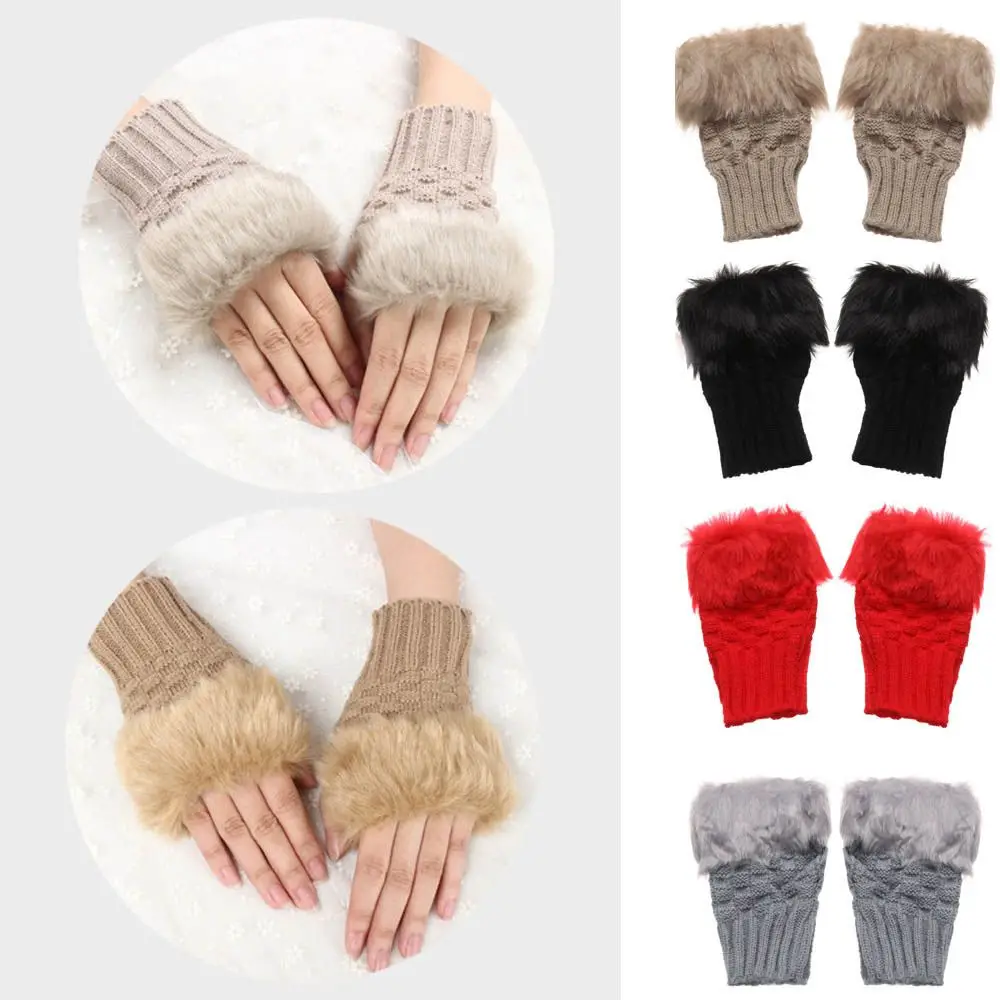 Fashion Elastic Half Finger Faux Rabbit Hair Gloves Warm Mittens Knitted Gloves Thicken Warm