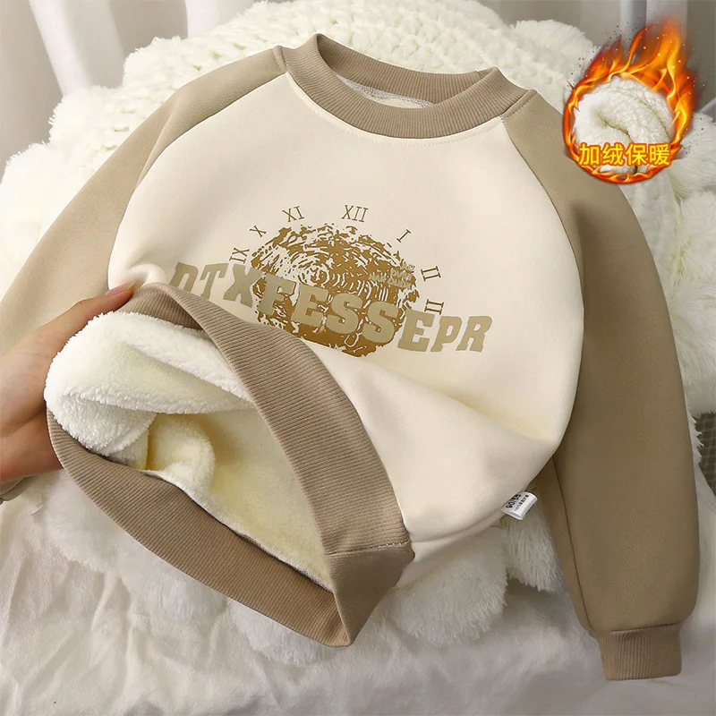 Printed Kids Autumn Winter Fleece Sweatshirt Warm Long-Sleeve Top Girls Boys Soft Stretchy Baby Children Layer Casual Sportswear