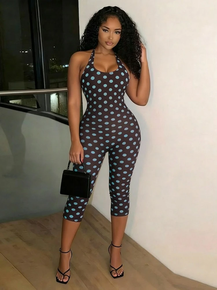 

FDYOUI Woman Clothing Polka Dot Jumpsuits Fashion Sexy Halter Neck Sleeveless Bodysuit Female Backless Tight Overalls Streetwear