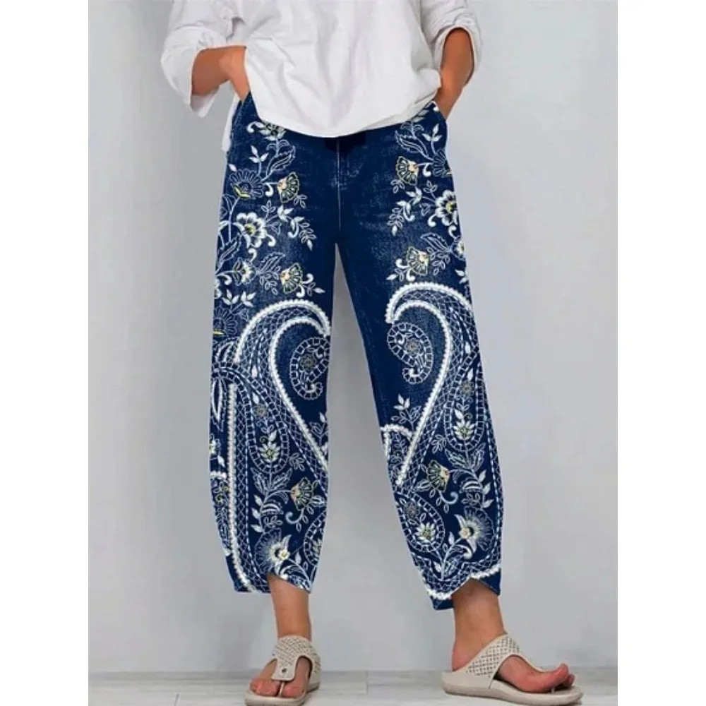 Vintage-Haremshose mit Rosenmuster, kurz geschnitten, lockere Tulpenform, knöchellang, lässige Hose für Zuhause, Loungewear, Urlaub – Detail 8