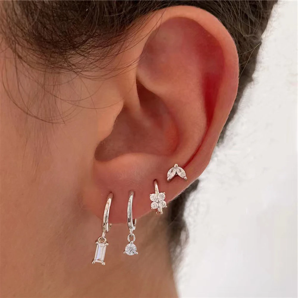 

Classic Silver Color Dangle Drop Earrings for Women Cubic Zirconia Piercing Stud Hoop Earrings Set Fashion Jewelry Accessories
