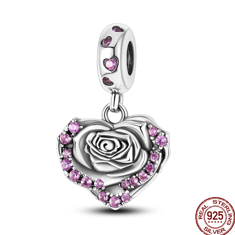 100% 925 Sterling Silver Love Rose Heart-Shaped Series Beads Charm Suitable For Pandora Original Bracelet Gift Birthday