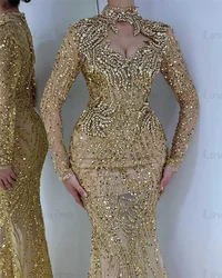 Gold Crystals Beaded Sequined Arabic Evening Dresses 2024 Customize Long Sleeve Mermaid Party Engagement Gown Aso Ebi Prom Dress