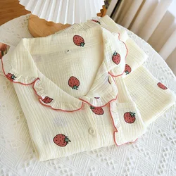 Lapel Long-Sleeved Trousers 2-Piece Home Service Casual Pajamas Gauze Cotton Strawberry Printed Sleepwear Suit Autumn