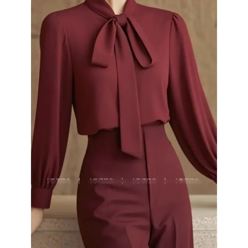 Nuevo traje francés elegante para mujer, moda de primavera, blusa con cordones + pantalones elásticos de cintura alta, conjuntos de 2 piezas para oficina para mujer