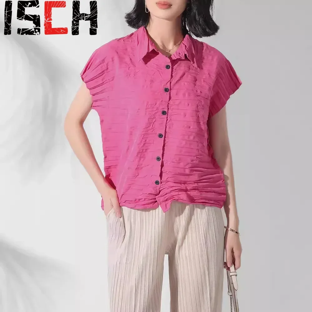 Pleats Pleated Women's New Fashion Simple Shirt Collar Buttons Short Top Design Handmade Pleats Hundred Short-sleeved T-shirt