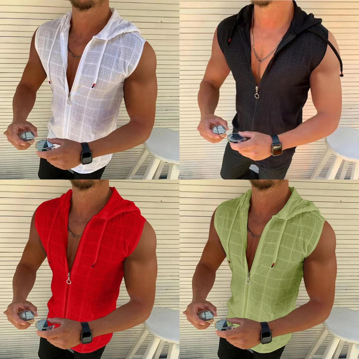 Summer Fashion Sleeveless/Long/Short Sleeved Hoodie Zipper T Shirt Casual Plaid Print Open Stitch Beach Sun Protection Clothing