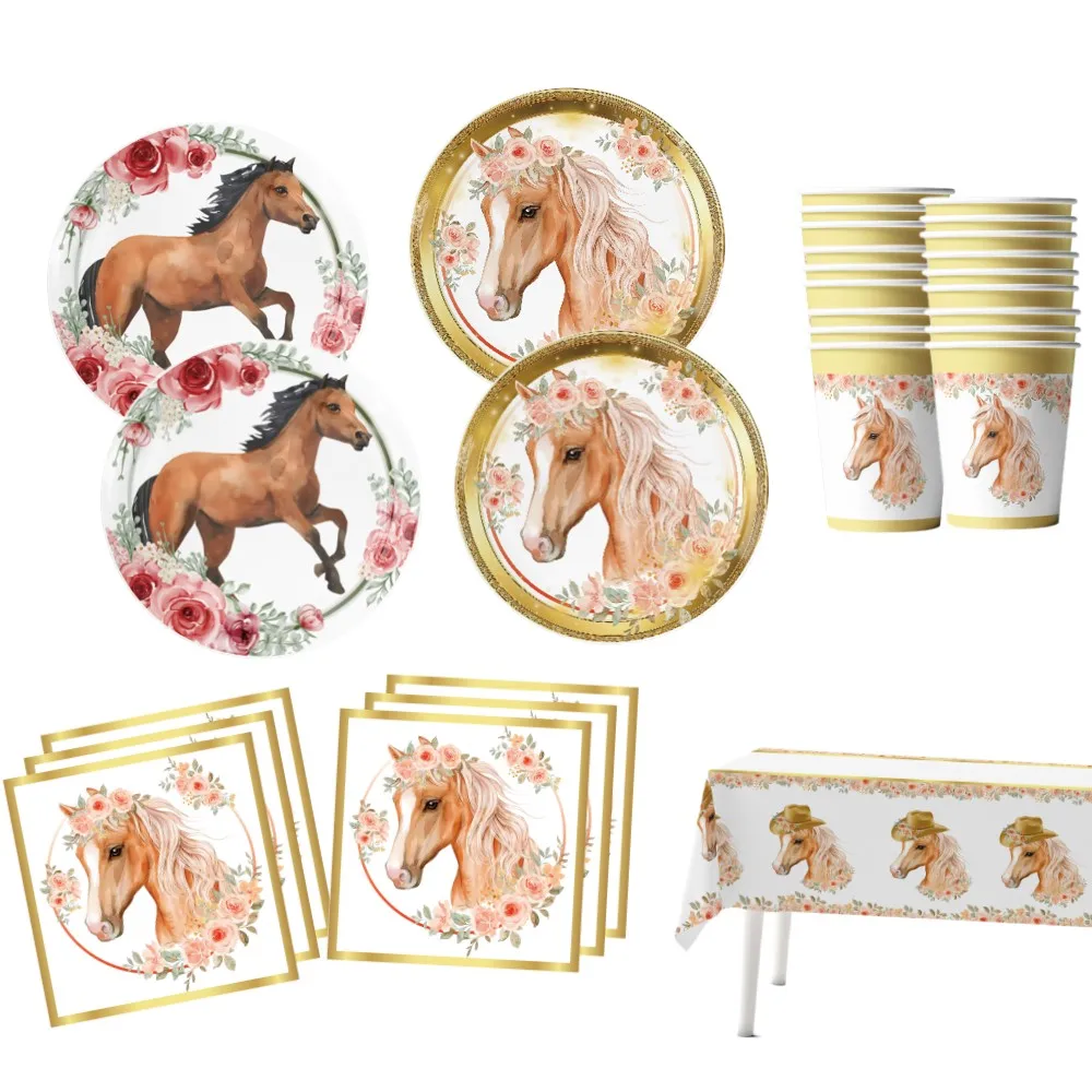 Horse Theme Birthday Decorations Baby Share Disposable Tableware Balloon Banner Tablecloth Kids Boys Favor Party Supplies