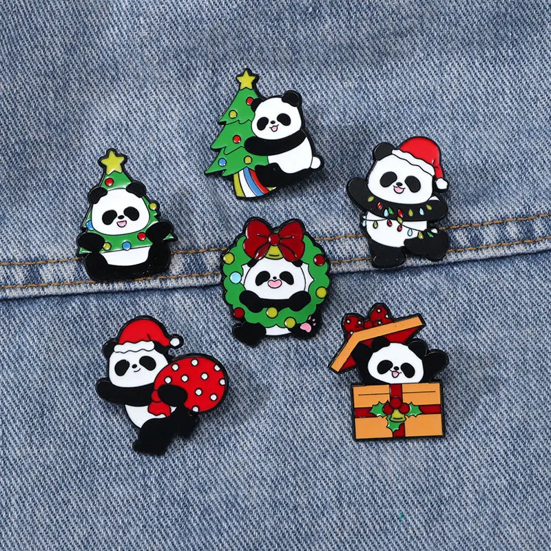 Cute Christma Panda Metal Brooch Christmas Tree Bow Wreath Rainbow Santa Hat Gift Bag Creative Panda Badge Punk Pin Jewelry Gift