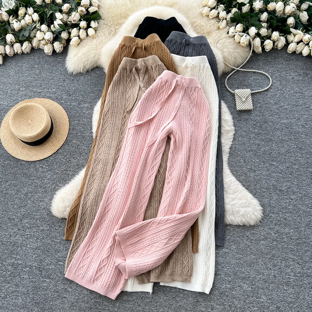 

Women Cable Solid Knitted Pants Wide Leg Trousers Full Lenth Elastic Drawstring Waist Loose Straight Casual 2025 Autumn Winter