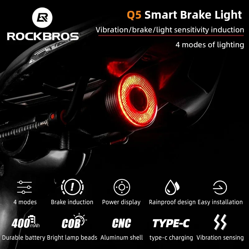 ROCKBROS Smart Led Light Rechargeable Bicycle Tail Light Auto Brake Sensing Flashlight for Bike IPx6 Waterproof Bicycle Lamp