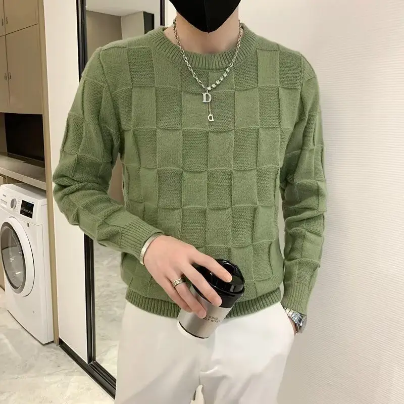 Korean Autumn/Winter New Sweaters Men's O-Neck Solid Chessboard Pattern Fashion Casual Loose Long Sleeve Pullovers Knitted Tops