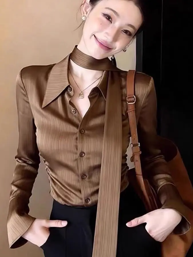 

Elegant Retro Brown Long Sleeve Shirt with Sash Women's Spring New Style Luxury Minimalist Commute Shirt Straight Cut
