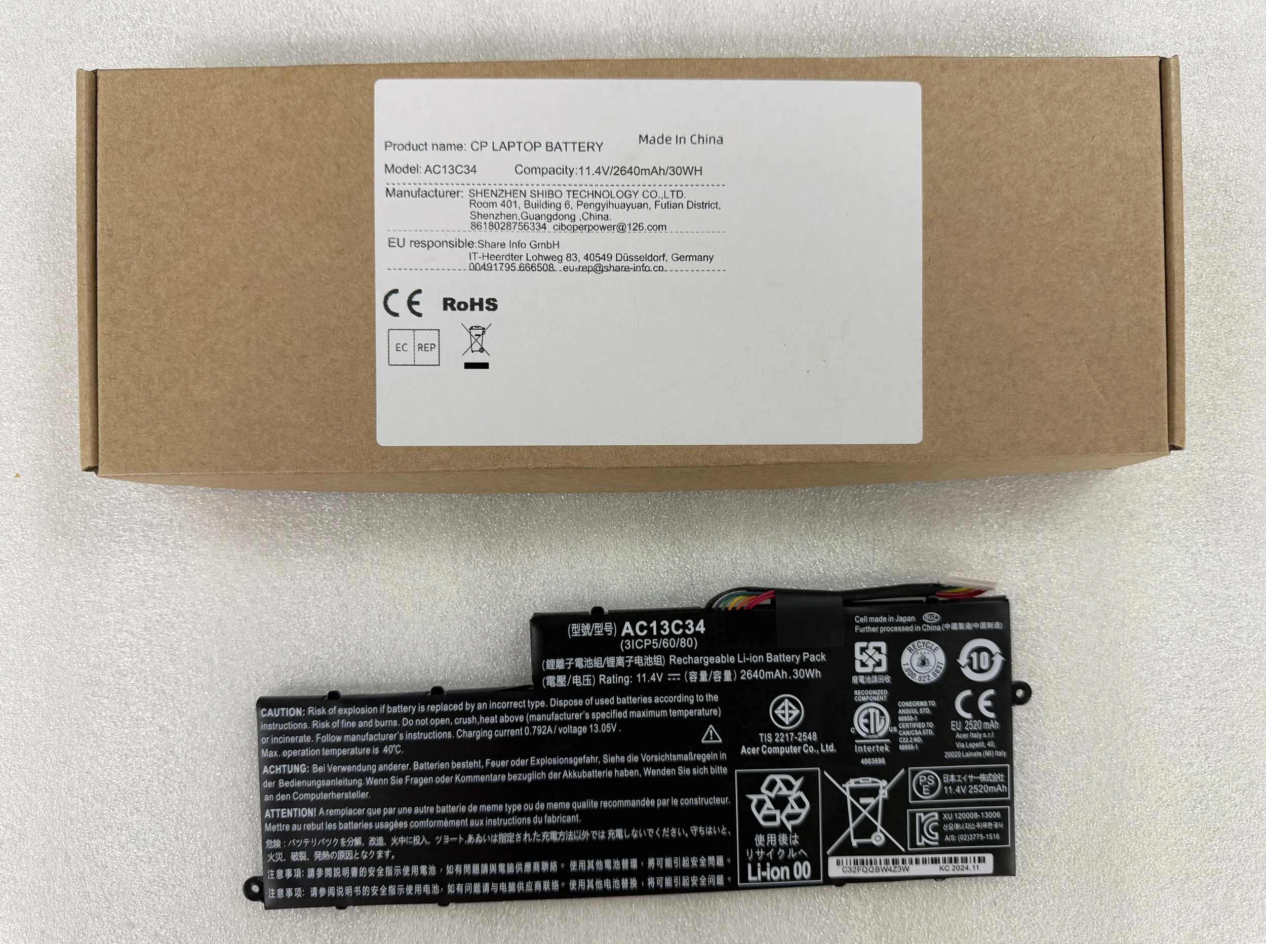 Аккумулятор для ноутбука CP AC13C34 KT.00303.005 11,4 В/2640 мАч/30 Втч для ноутбуков Aspire V5-122P V5-132 E3-111 E3-112 ES1-111M MS237 Series