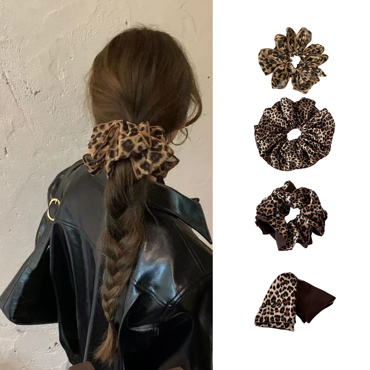 

Large Bow Hair Tie in Coffee Brown with Leopard Print Accents High-FaLarge shion Hair Accessory for Girls Low Ponytail Hairband