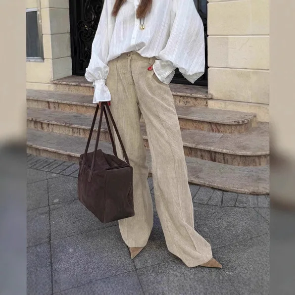 Autumn Winter Corduroy High Waist Thin Versatile Casual Loose Fashion Wear Lazy Style Wide Leg Pants Women Europe and America
