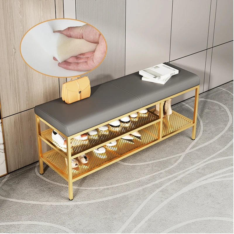 Entrance hall metal Shoe rack Storage Leather narrow bench organizer shoe shelf with seat open cabinets space saving Furniture