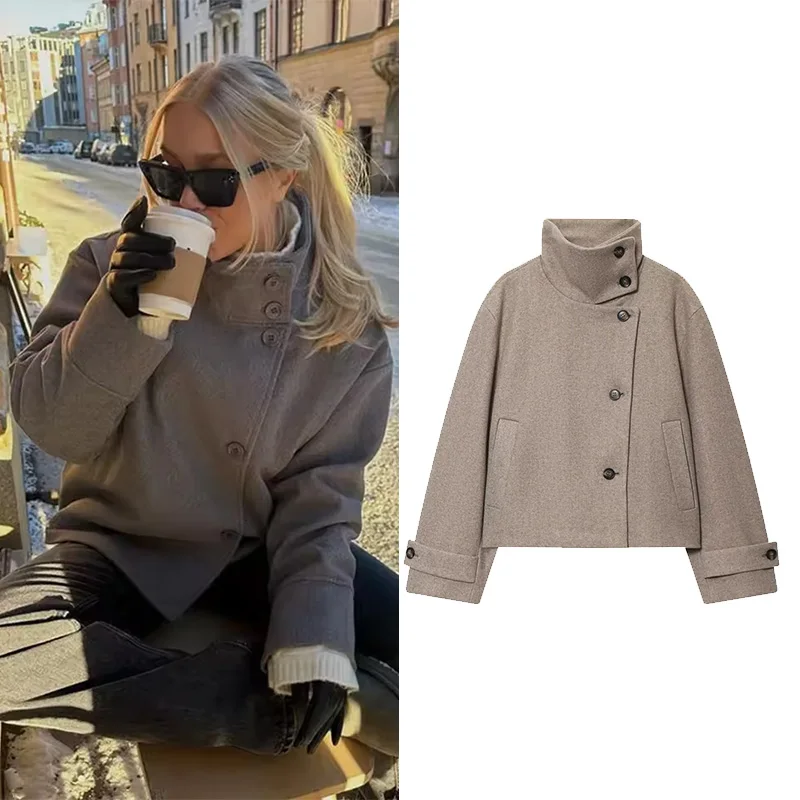 

HipSeam Women High Collar Jacket with Long Sleeve Autumn Stand Neck Pocket Women's Coats Female Chic Double-Breasted Tops