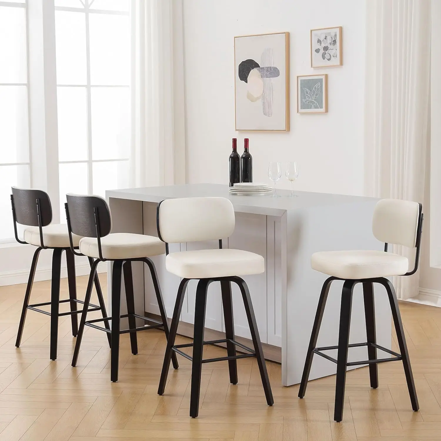 Swivel Counter Height Bar Stools Set of 4 Upholstered Faux Leather Barstools with Back 26