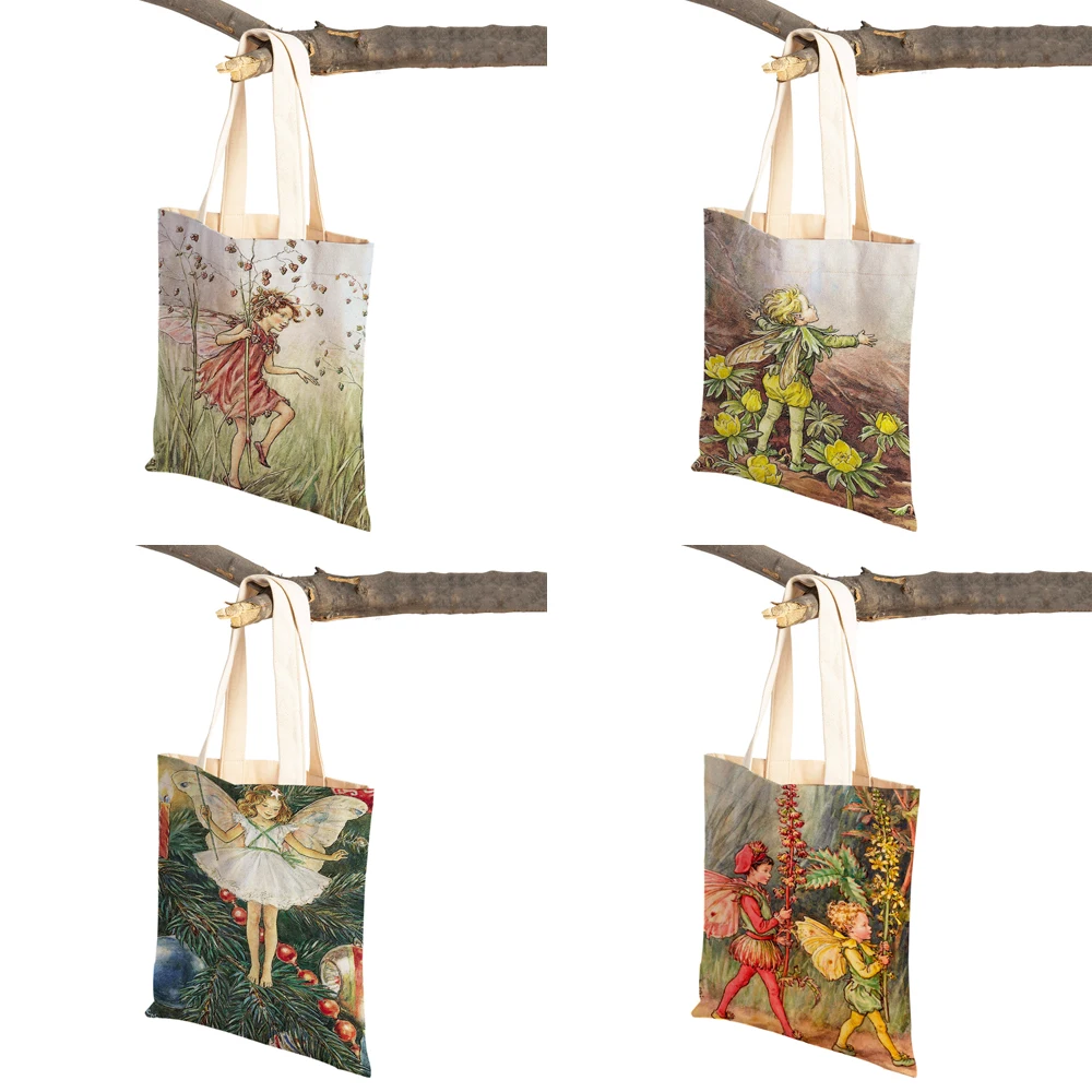 Both Print Cartoon Flower Girl Shopping Bag for Women Child Reusable Casual Fairy Tale World Elves Canvas Tote Shoulder Handbag