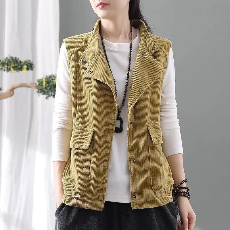 

Retro Stand Collar Corduroy Vest Autumn Winter New Women's Solid Color Pockets Sleeveless Covered Button Cardigan Tops C25