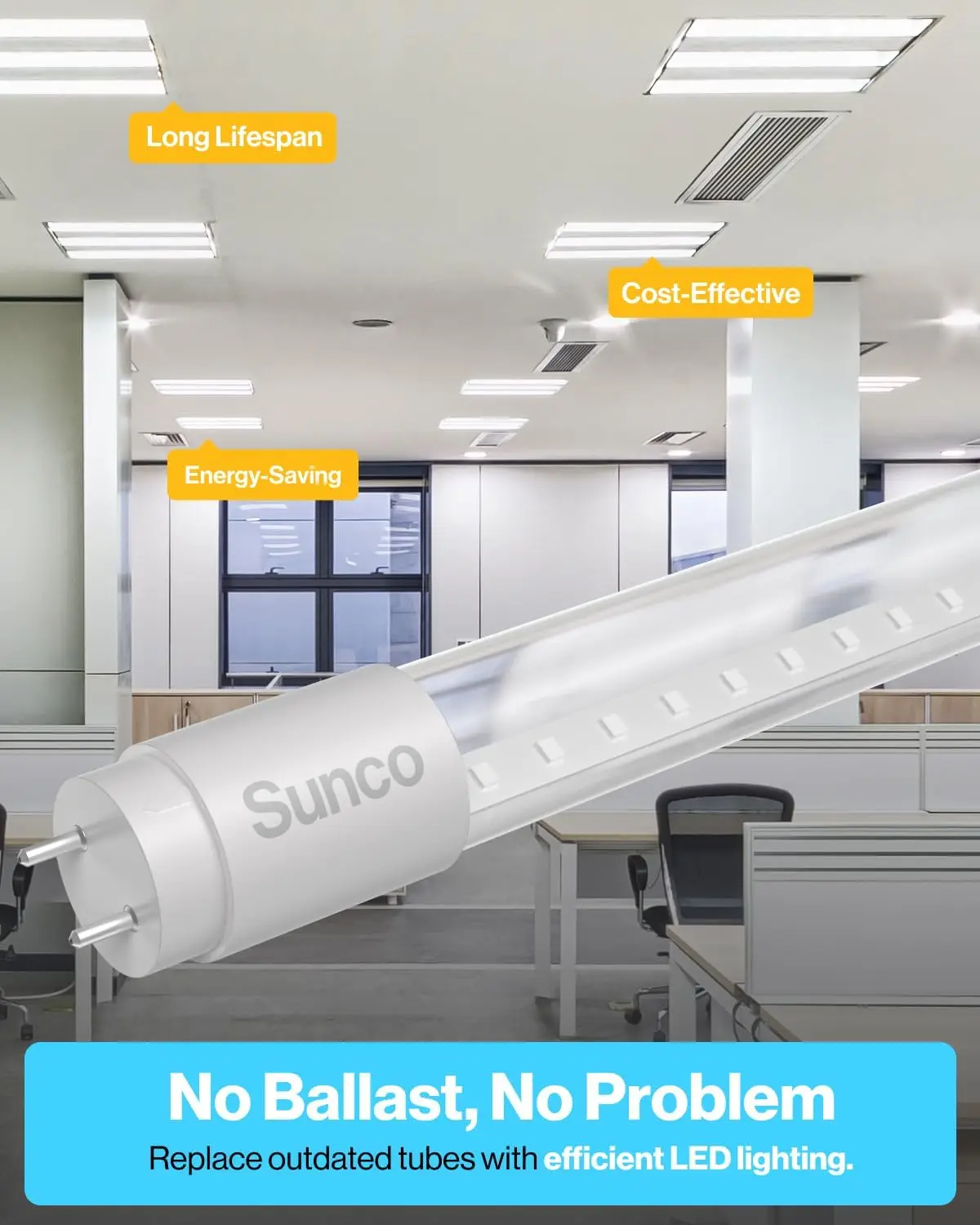 Sunco 100 Pack T8 LED Bulbs 4 Foot, LED Fluorescent Tube Replacement, 4ft LED Tube Light,18W, 2200 LM, 5000K Daylight,