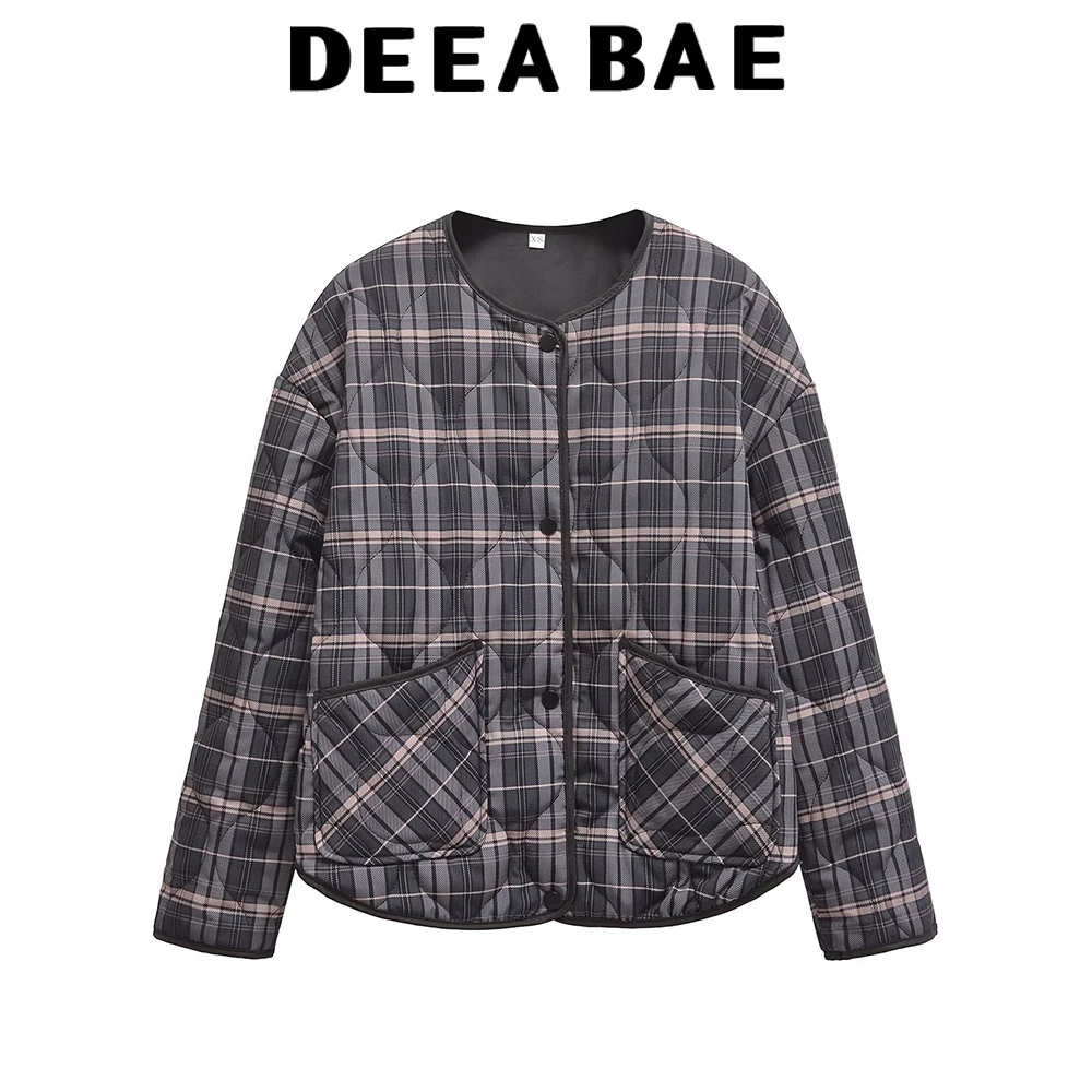 

DEEABAE Winter new women's casual round neck plaid long sleeved round neck versatile cotton jacket jacket