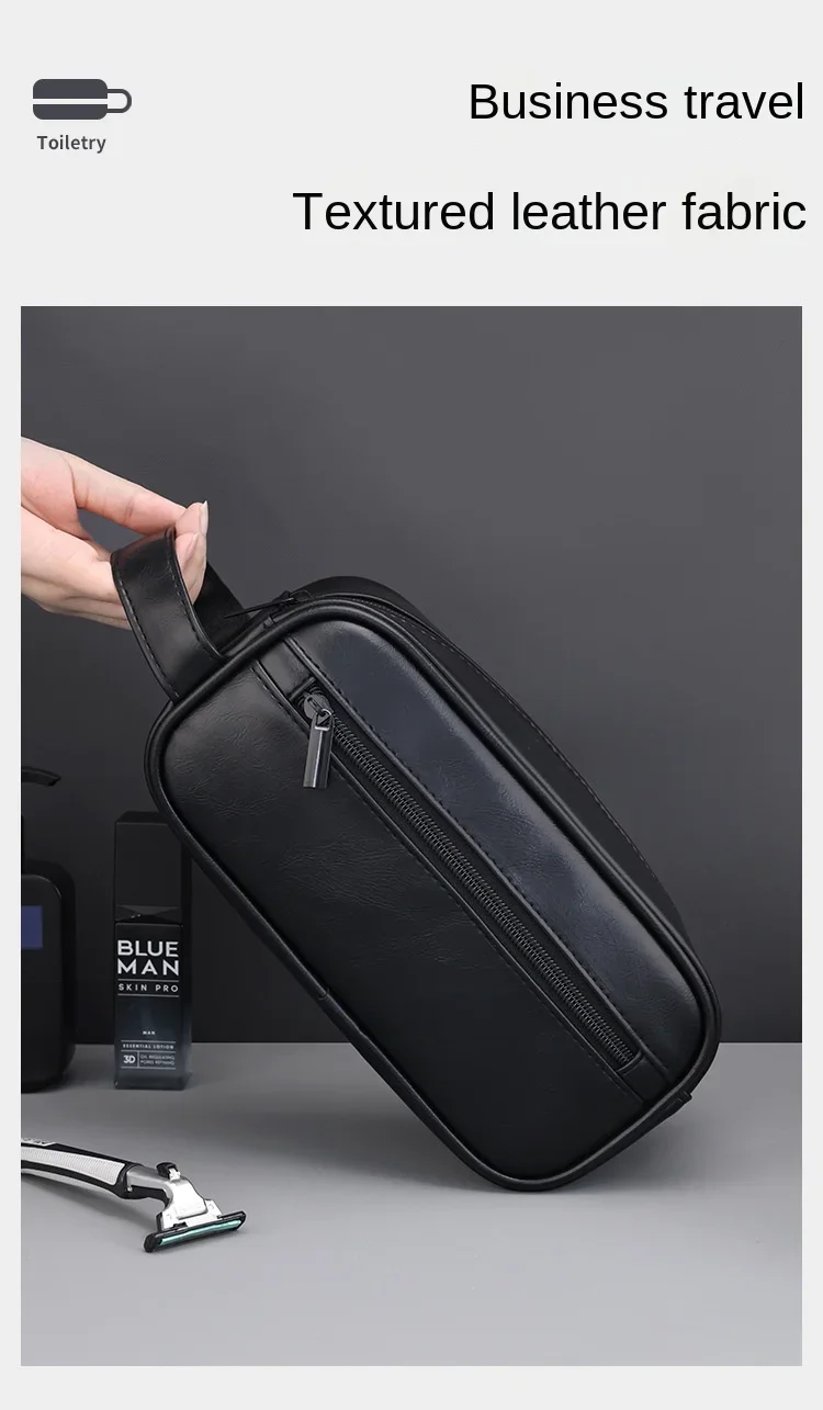 Kulturbeutel aus Leder für Herren, für Reisen, Geschäftsreisen, tragbare Kosmetiktasche, großes Fassungsvermögen, mehrere Taschen, handgehaltener Kulturbeutel aus Leder – Detail 3